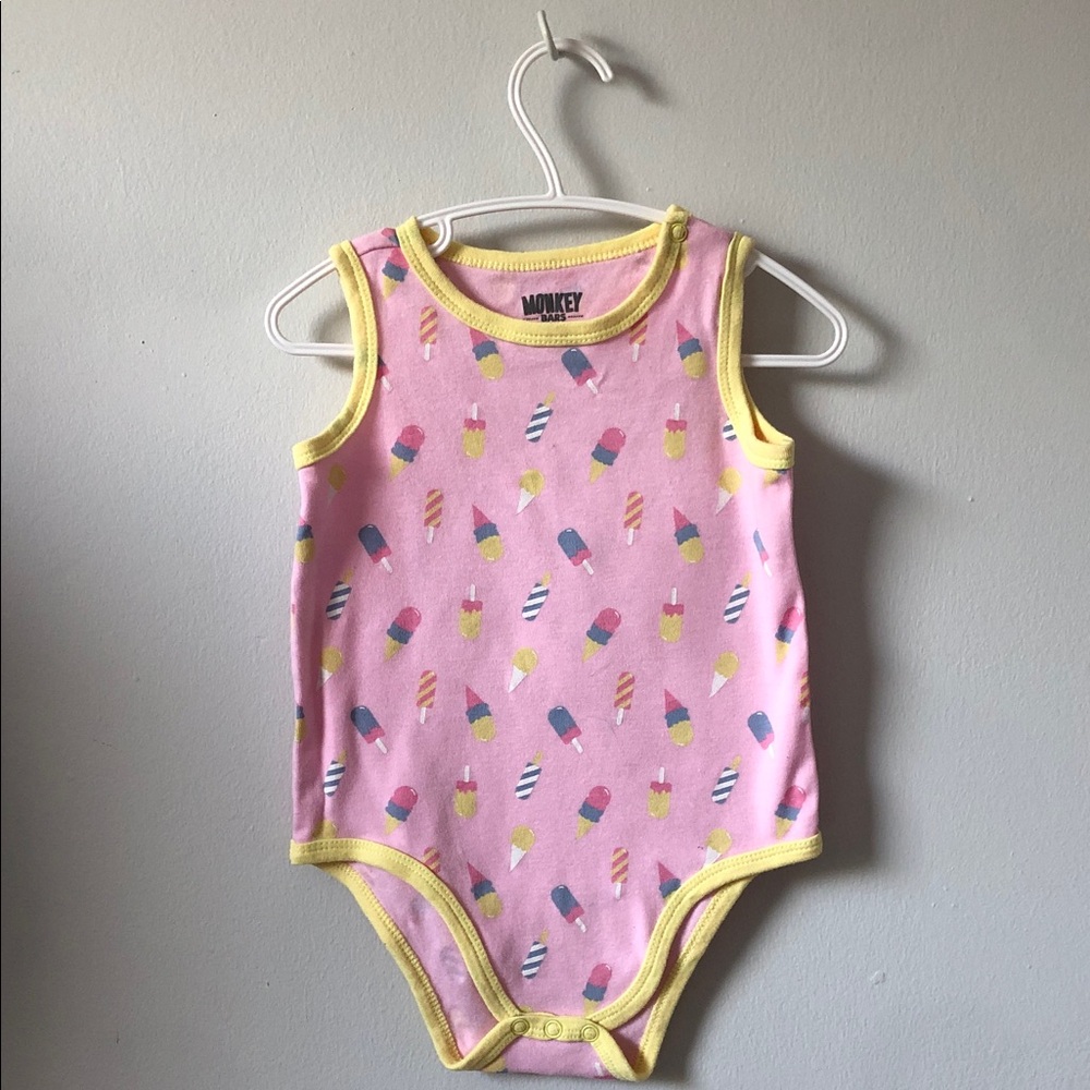 Summer Pink Ice Cream Print Baby Bodysuit with Yellow Trim